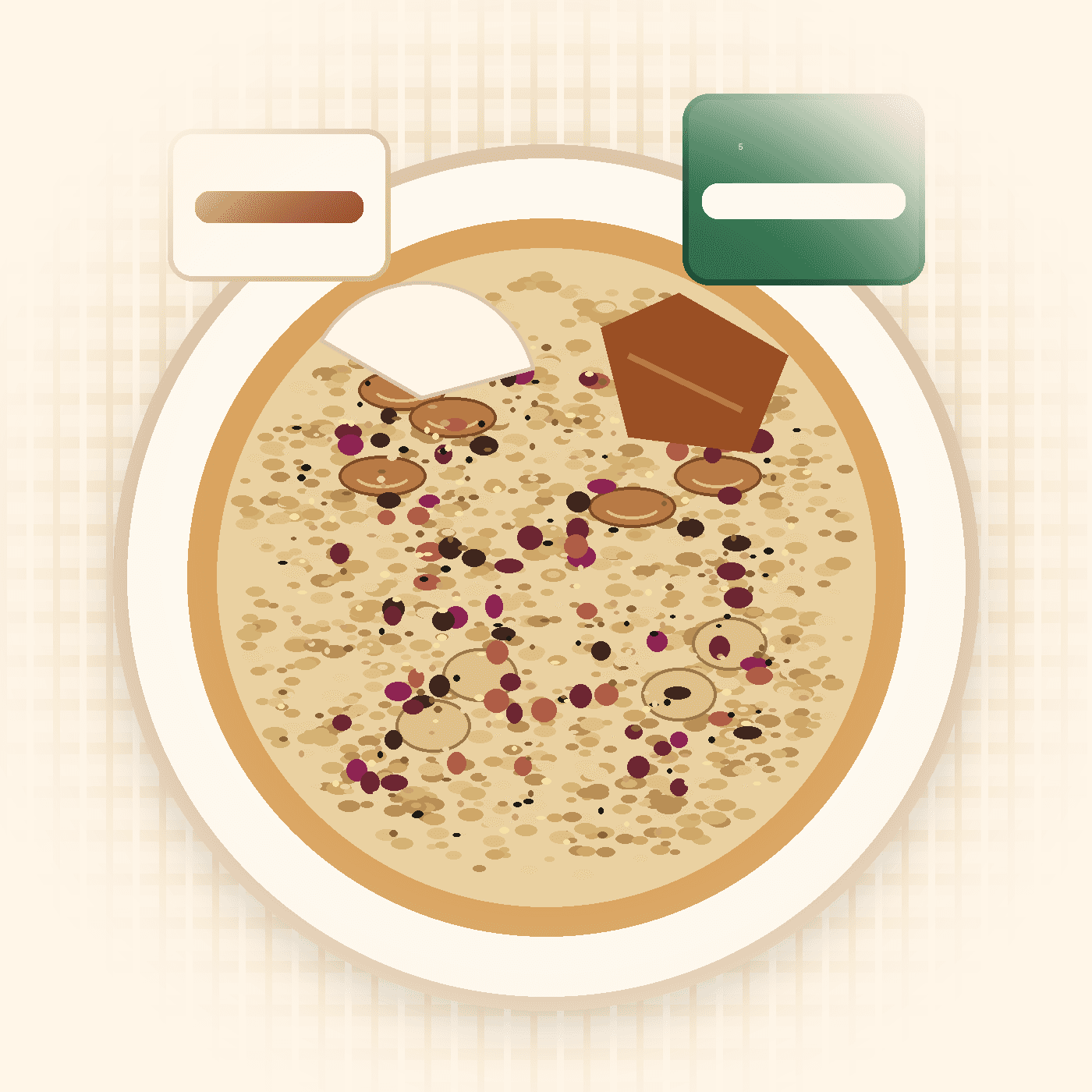 A warm bowl of oats, nuts, seeds, dried fruit, coconut milk, and Gula Melaka ingredients